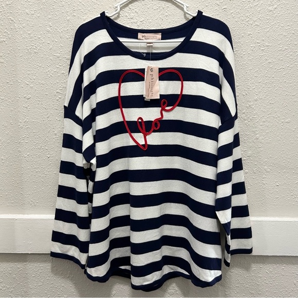 Philosophy Navy and White Striped "Love" Heart Valentines Day Sweater NWT 2X - Picture 1 of 4